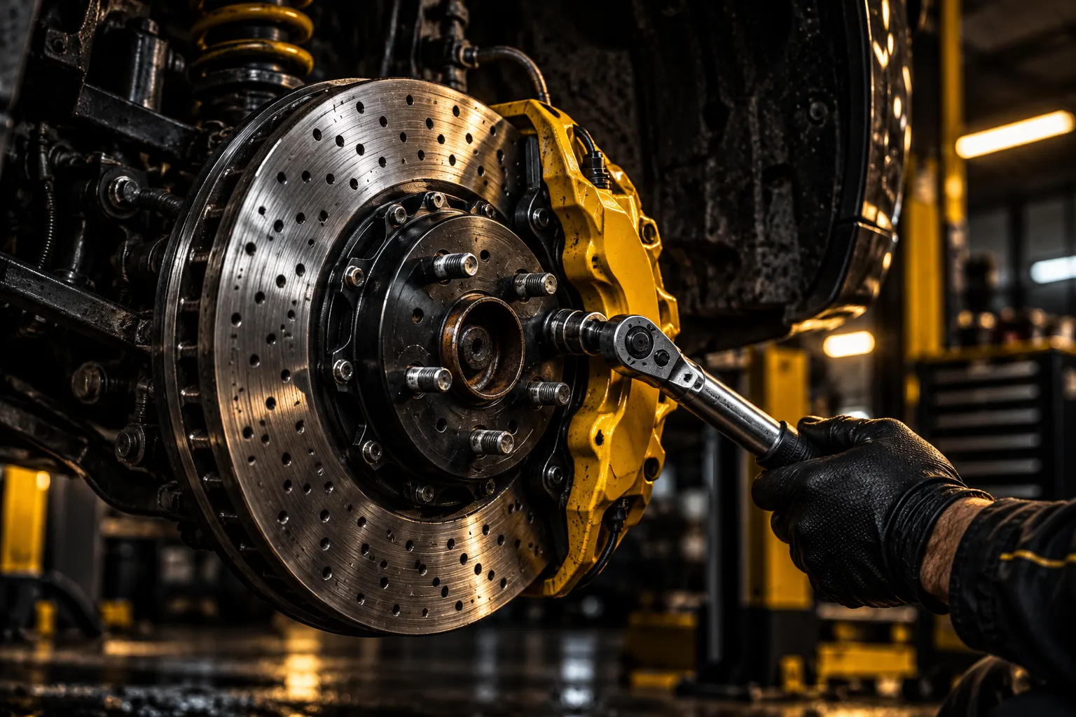 New brake disc and yellow calliper being fitted