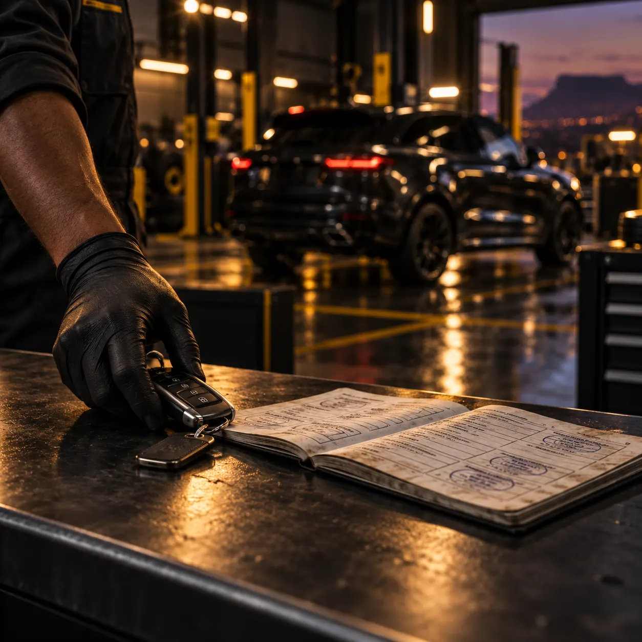 Car keys and a stamped service book handed over on the counter
