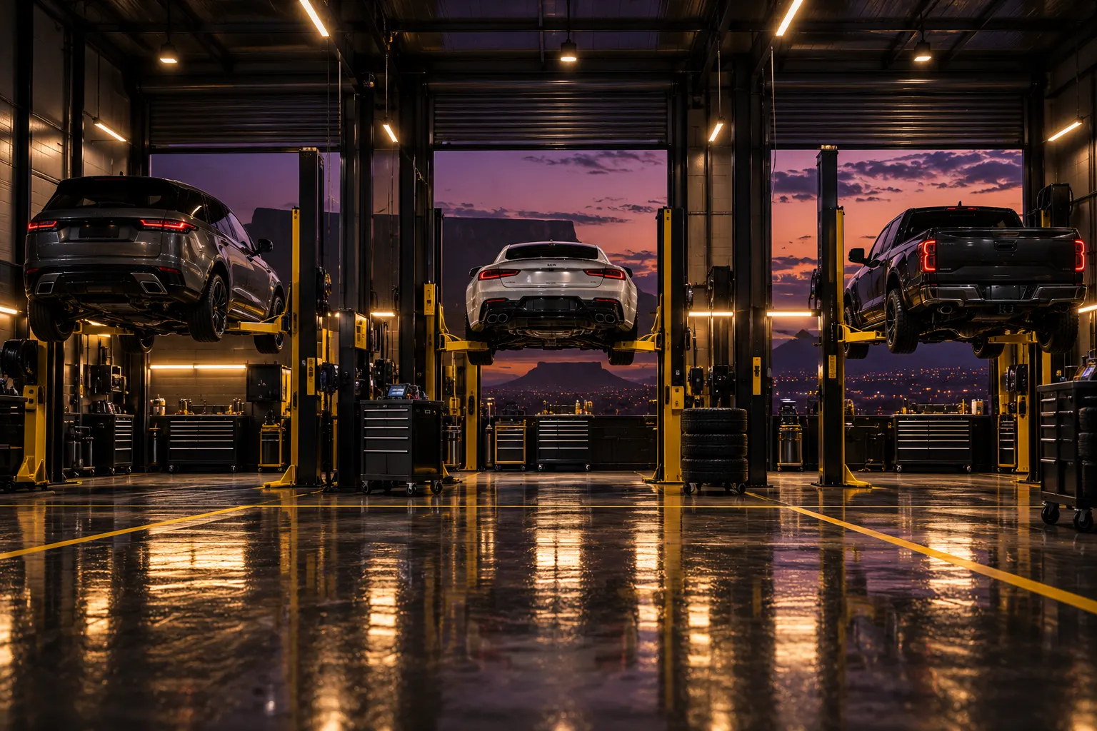 Clean modern workshop with three cars on hoists at dusk